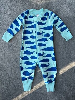 Hanna Andersson Blue Whale Print One-Piece Romper in Aqua and Navy